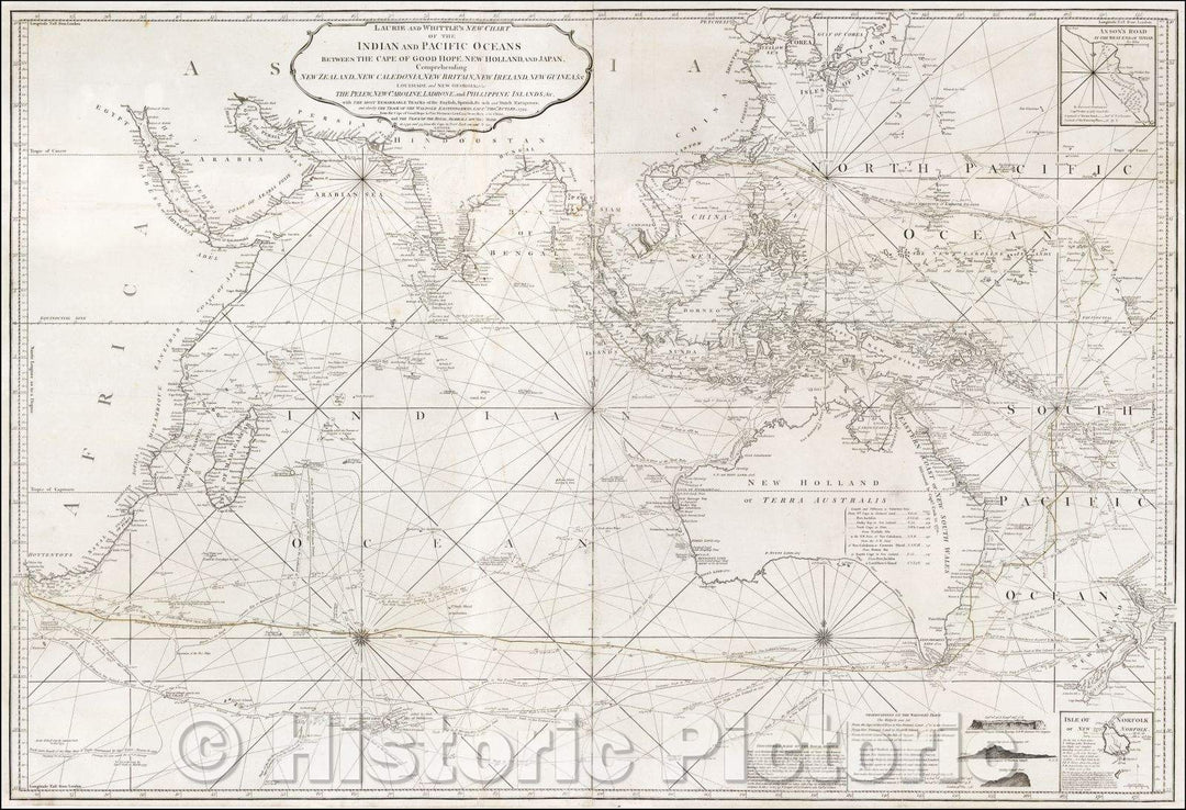 Historic Map - Chart of the Indian and Pacific Oceans Between the Cape of Good Hope, New Holland and Japan, New Zealand, 1794, Laurie & Whittle - Vintage Wall Art