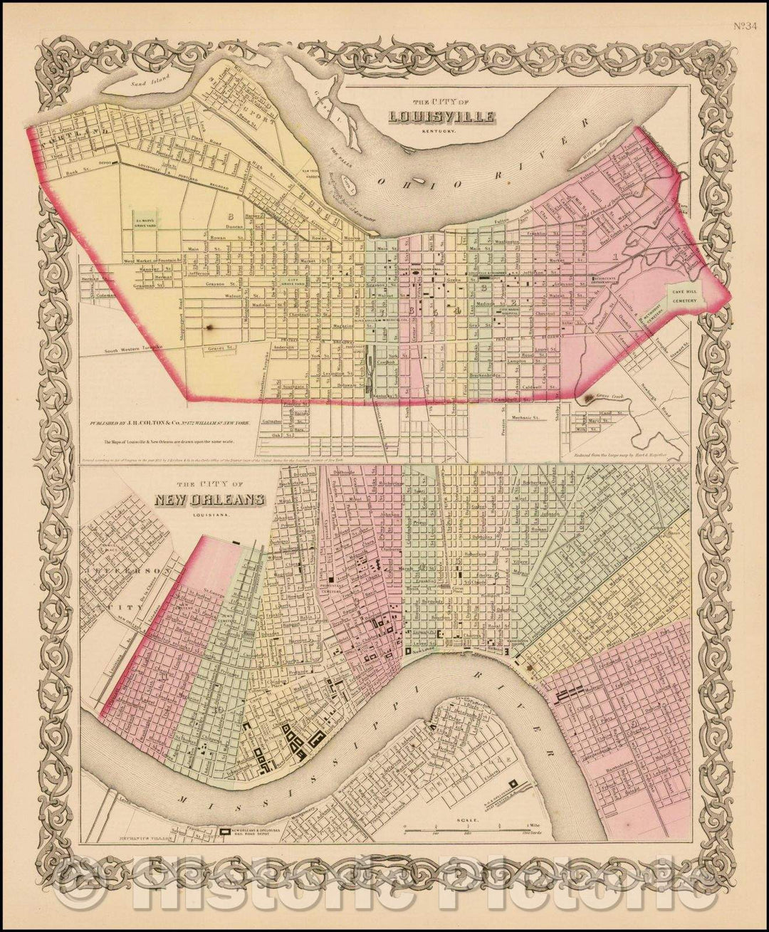 Historic Map - The City of Louisville [with] The City of New Orleans, 1858, Colton - Vintage Wall Art