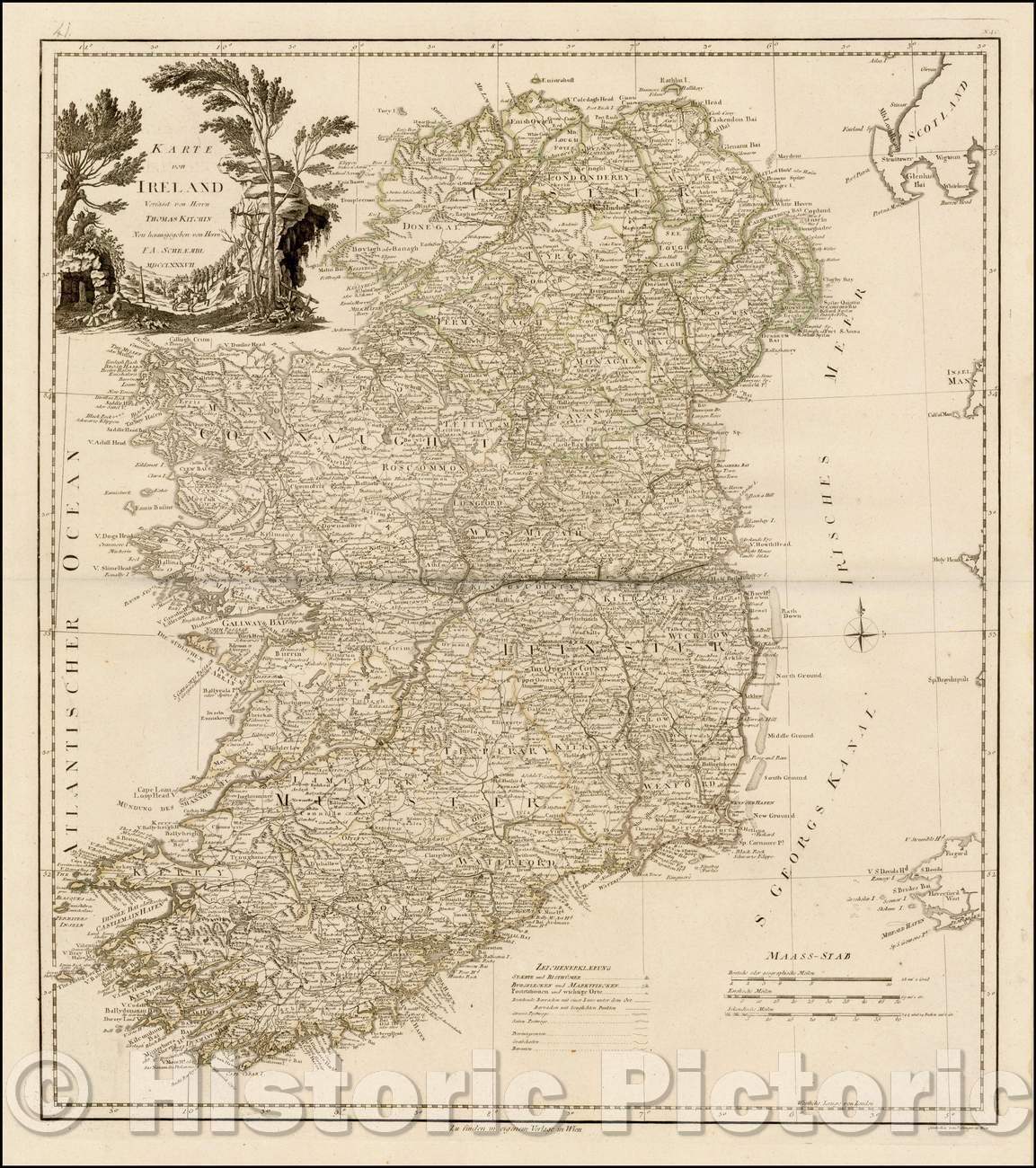 Historic Map - Karte von Ireland Verfasst von Herrn Thomas Kitchin/Map of Ireland Submitted by Mr. Thomas Kitchin, MDCCLXXXVII, 1787, Franz Anton Schraembl - Vintage Wall Art