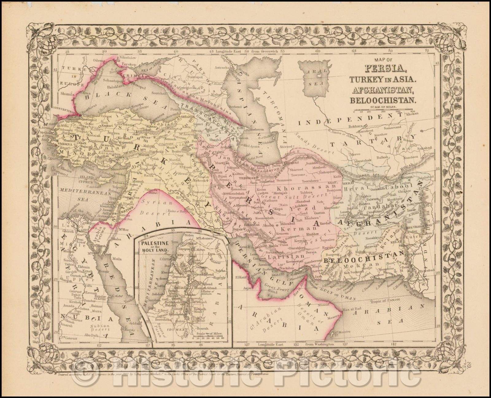 Historic Map - Map of Persia, Turkey in Asia, Afghanistan, Beloochistan, 1861, Samuel Augustus Mitchell Jr. v2