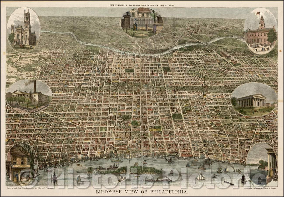 Historic Map - Bird's Eye View of Philadelphia, 1872, Harper's Weekly - Vintage Wall Art