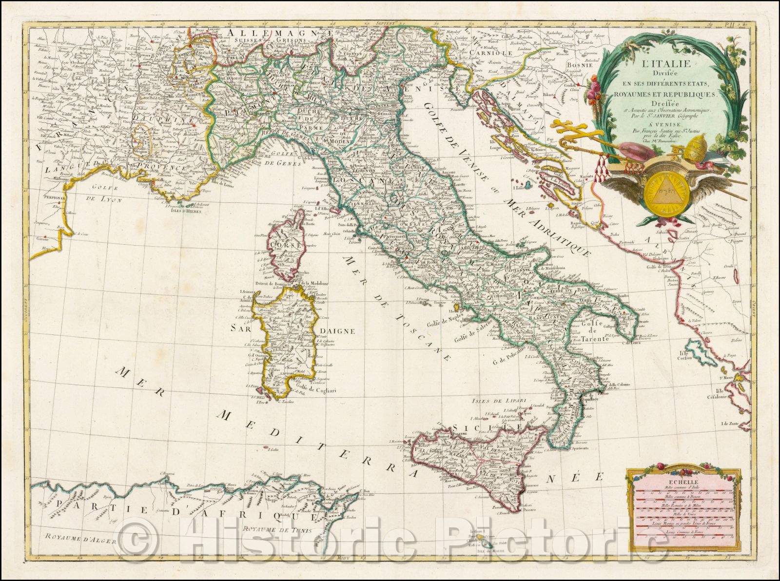 Historic Map - L'Italie Divisee en ses Differents Etats, Royaumes et Republiques/Italy Divided into its Different states, kingdoms and republics, 1778 - Vintage Wall Art