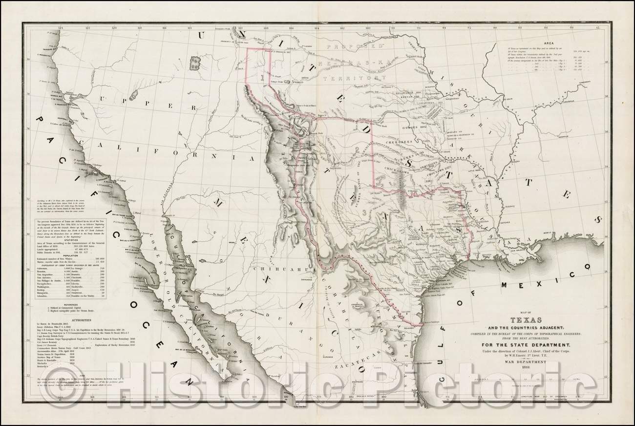 Historic Map - Map of Texas and the Countries Adjacent, compiled in the Bureau of the Corps of Topographical Engineers, 1844, William Hemsley Emory - Vintage Wall Art