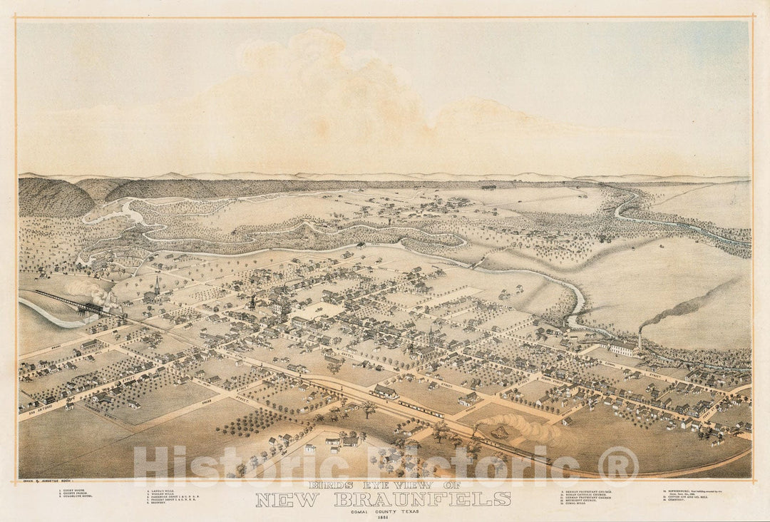 Historic Map - Bird?s Eye View of New Braunfels Comal County Texas, 1881, Augustus Koch - Vintage Wall Art