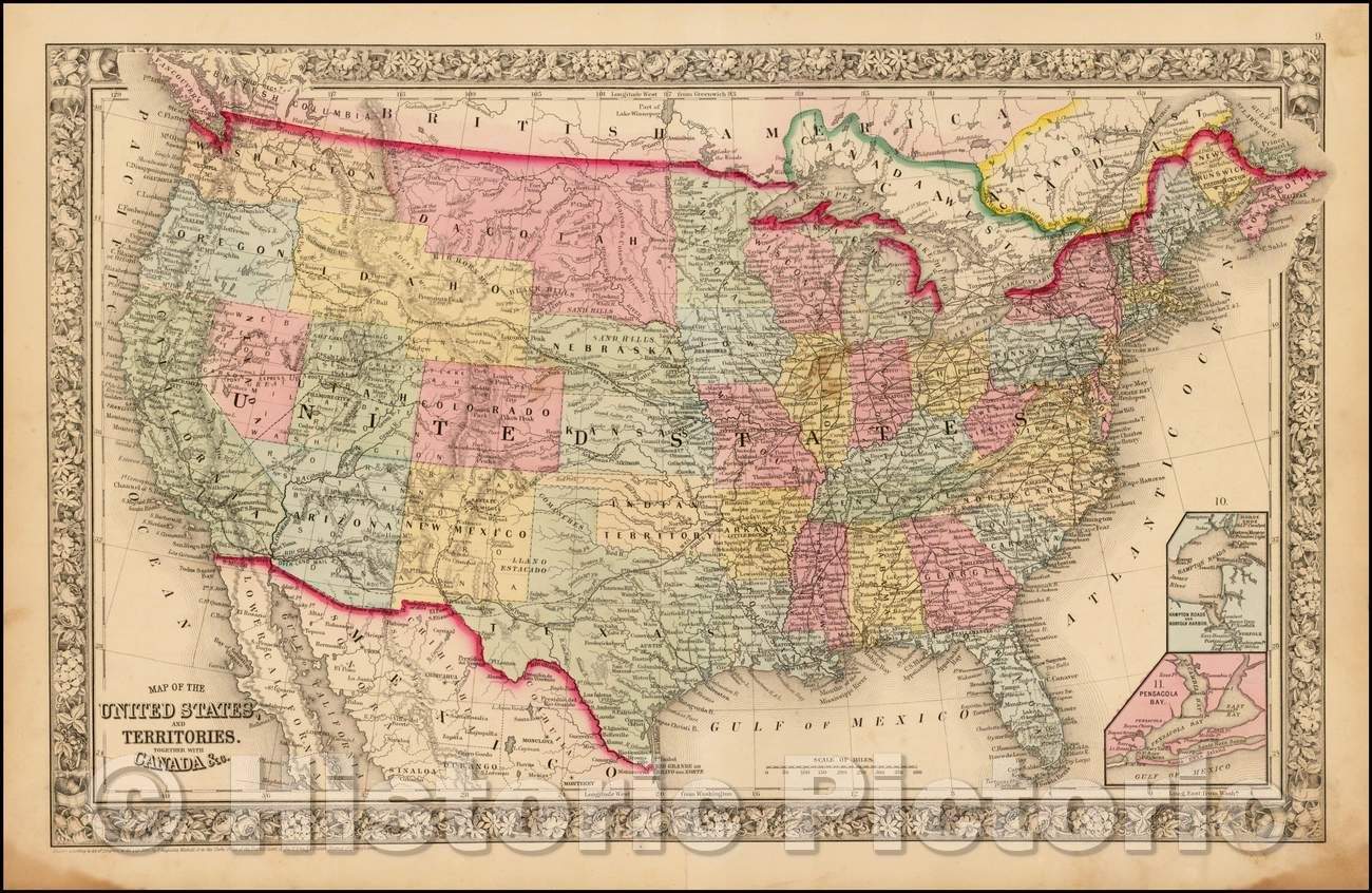 Historic Map - Map of the United States And Territories, Together with Canada (Unique Early Idaho Configuration), 1863, Samuel Augustus Mitchell Jr. - Vintage Wall Art