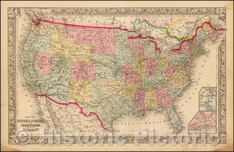 Historic Map - Map of the United States And Territories, Together with Canada (Unique Early Idaho Configuration), 1863, Samuel Augustus Mitchell Jr. - Vintage Wall Art