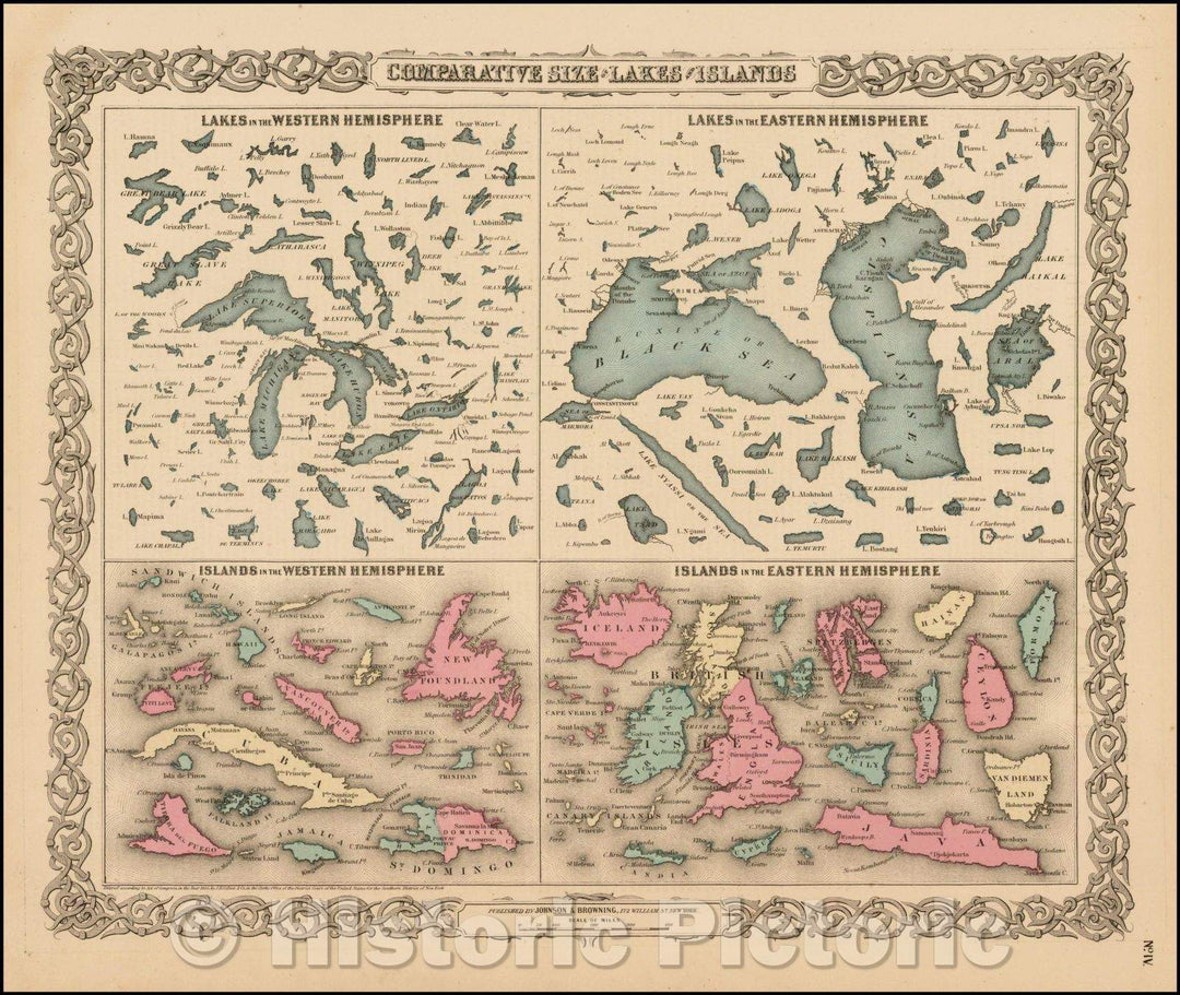 Historic Map - Comparative Size of Lakes and Islands [Great Lakes, Cuba, Formosa, Ireland, Sicily, Cyprus, Vancouver, Sandwich Islands, Puerto Rico, Corsica, 1859 v1