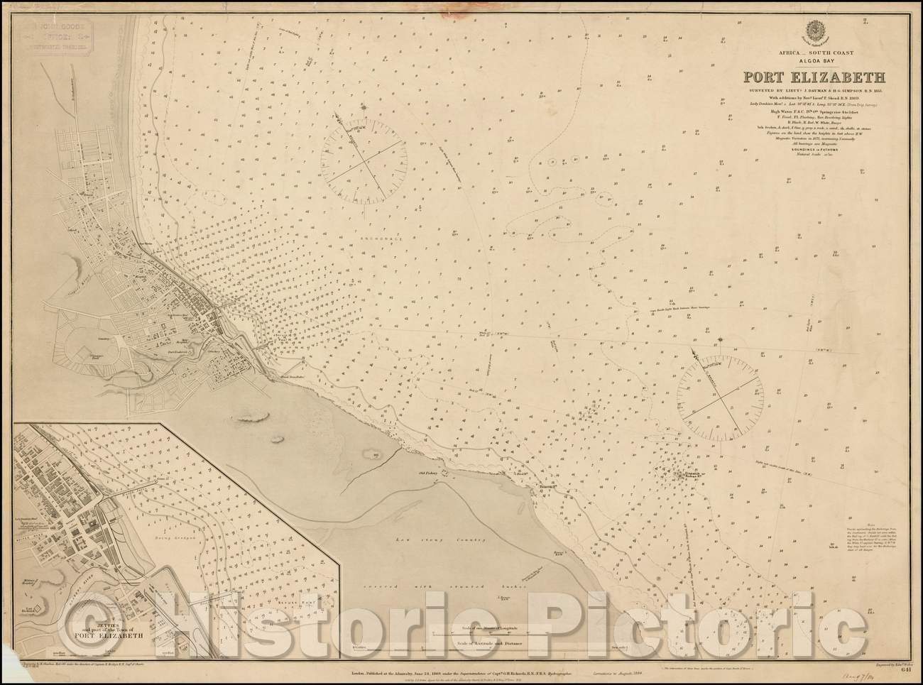 Historic Map - Africa South Coast - Alcoa Bay Port Elizabeth Surveyed, 1869, British Admiralty - Vintage Wall Art