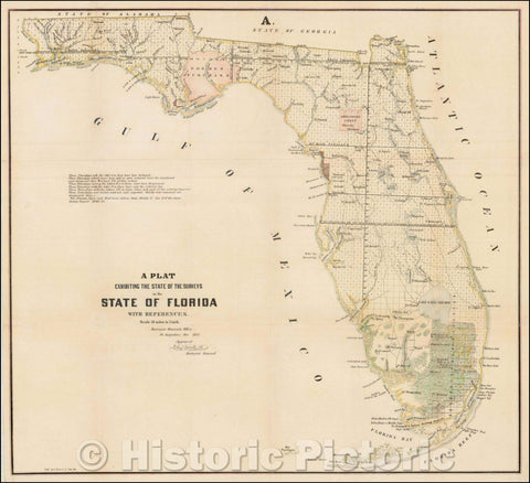 Historic Map - A Plat Exhibiting The State of the Surveys in the State of Florida, 1855, U.S. Surveyor General - Vintage Wall Art