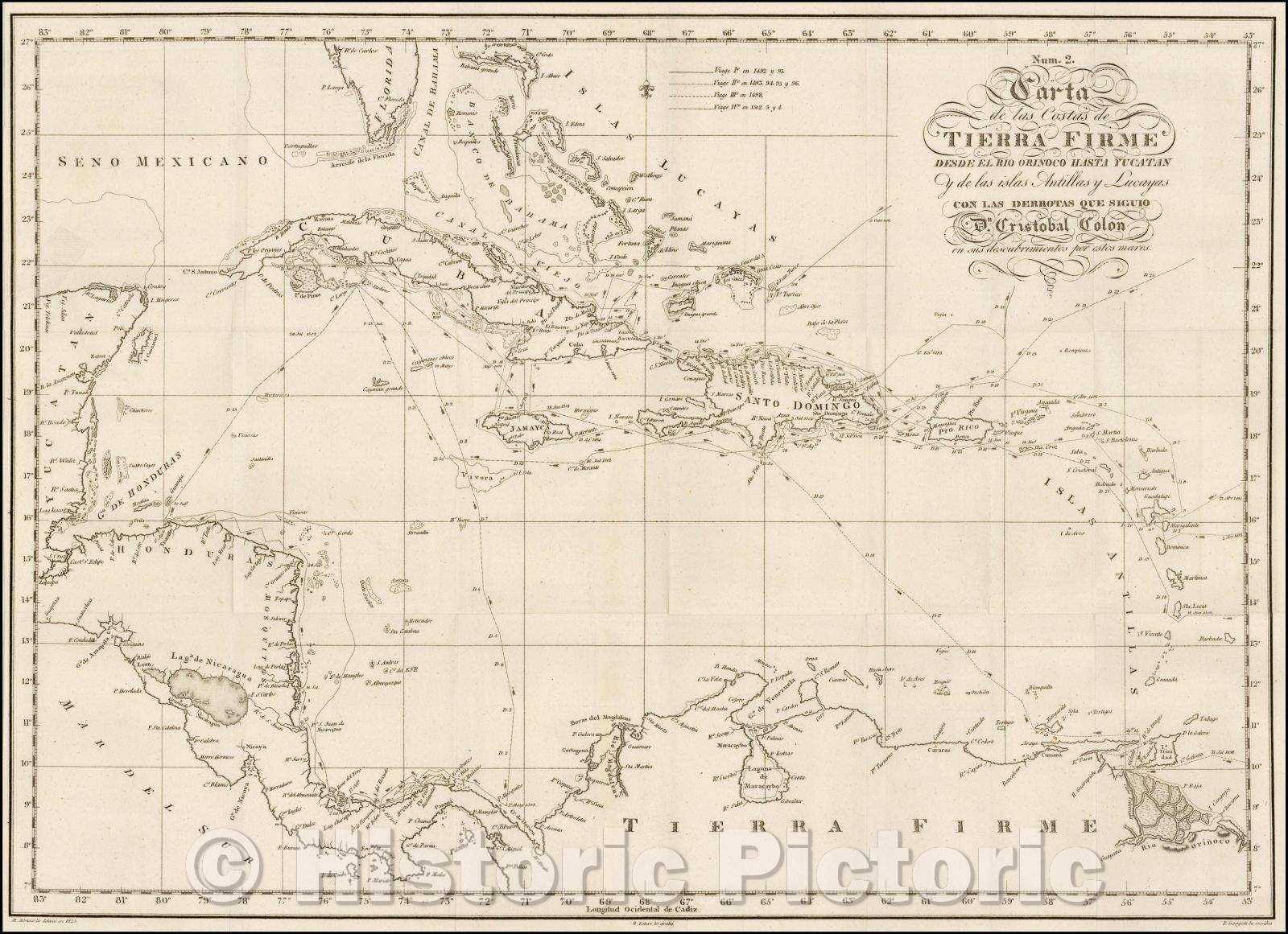 Historic Map - Carta de las Costas de Tierra Firme Desde el Rio Orinoco Hasta Yucatan/Chart of the Caribbean, showing the route of Christopher Columbus, 1825 - Vintage Wall Art