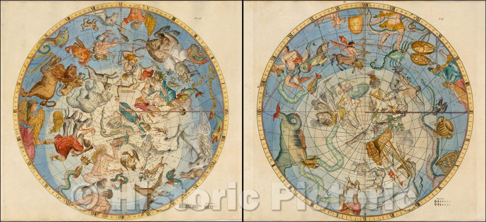 Historic Map - Southern Celestial Hemisphere and Northern Celestial Hemisphere, 1728, John Flamsteed - Vintage Wall Art