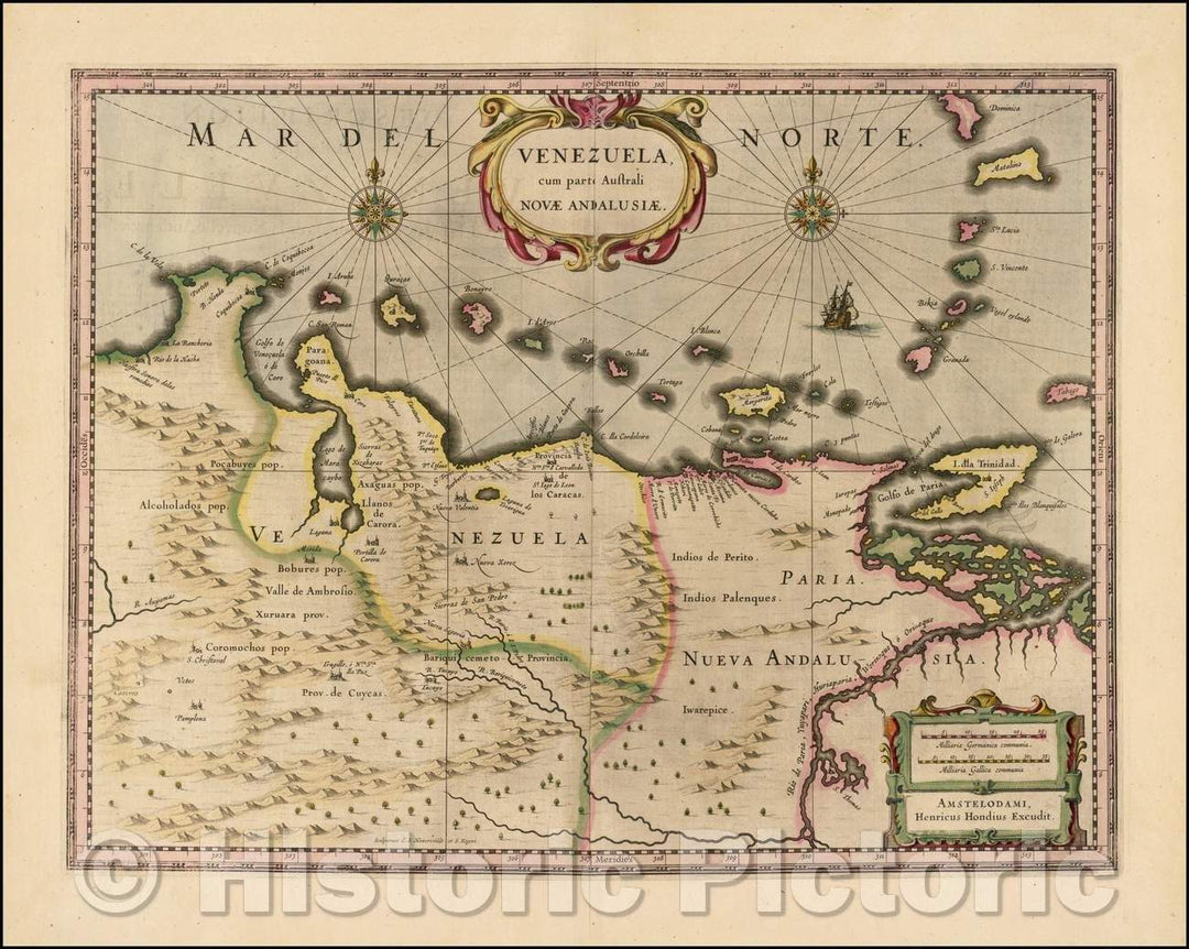 Historic Map - Venezuela cum parte Australi Novae Andalusiae, 1630, Henricus Hondius - Vintage Wall Art