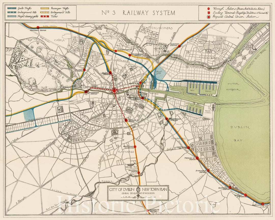 Historic Map - City of Dublin. New Town Plan. No. 3. Railway System, 1922, Civics Institute of Ireland - Vintage Wall Art