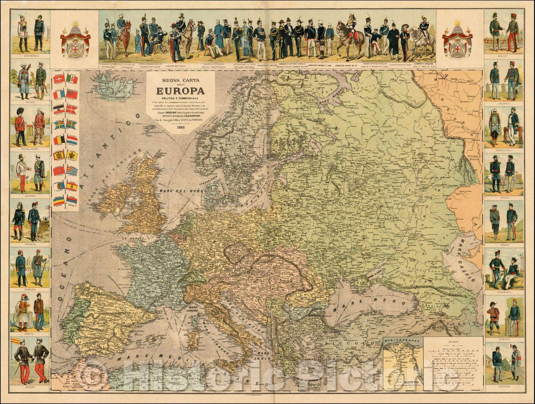 Historic Map - Nuova Carta Dell'Europa Politica e Commerciale Con tutte le communicazioni marittime per batelli a vapore :: Europe, Steam and Rail lines, 1893 - Vintage Wall Art