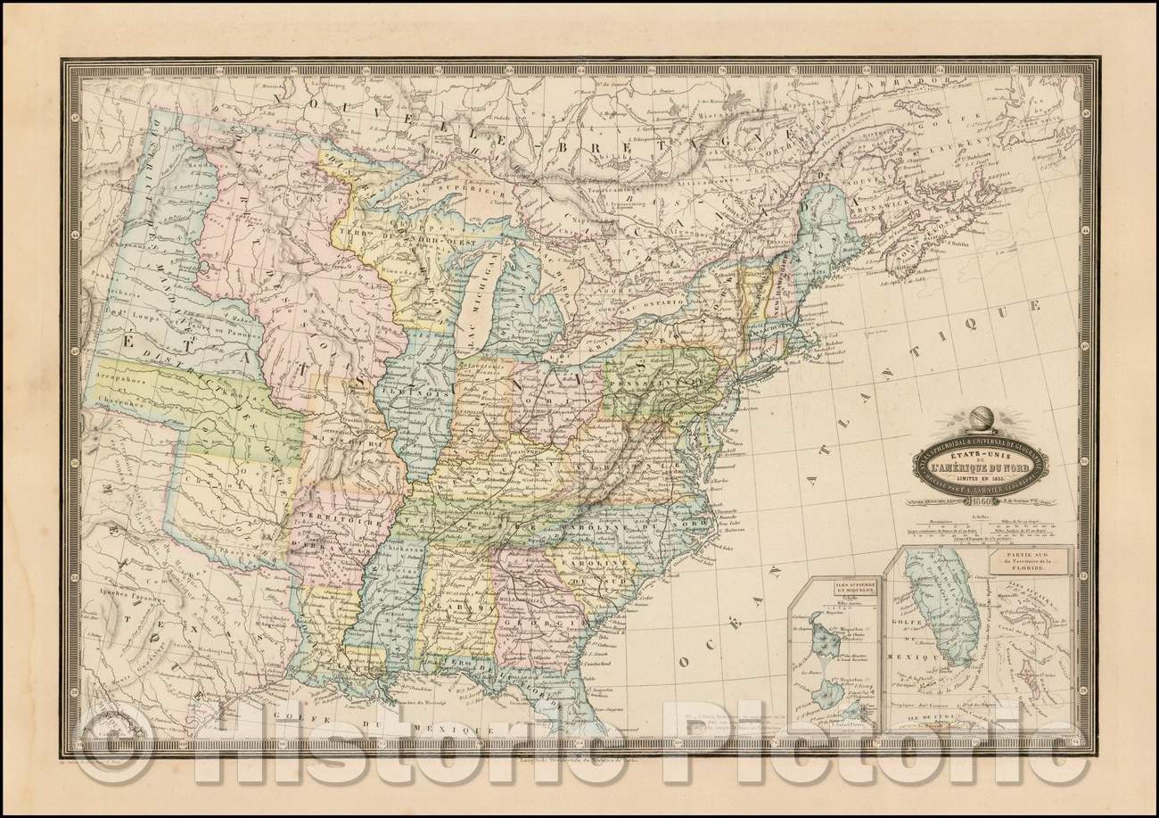 Historic Map - ?ats-Unis de L'Amerique Du Nord Limites En 1835 / Boundaries of the US immediately prior to Texas claiming its independence, 1860 - Vintage Wall Art