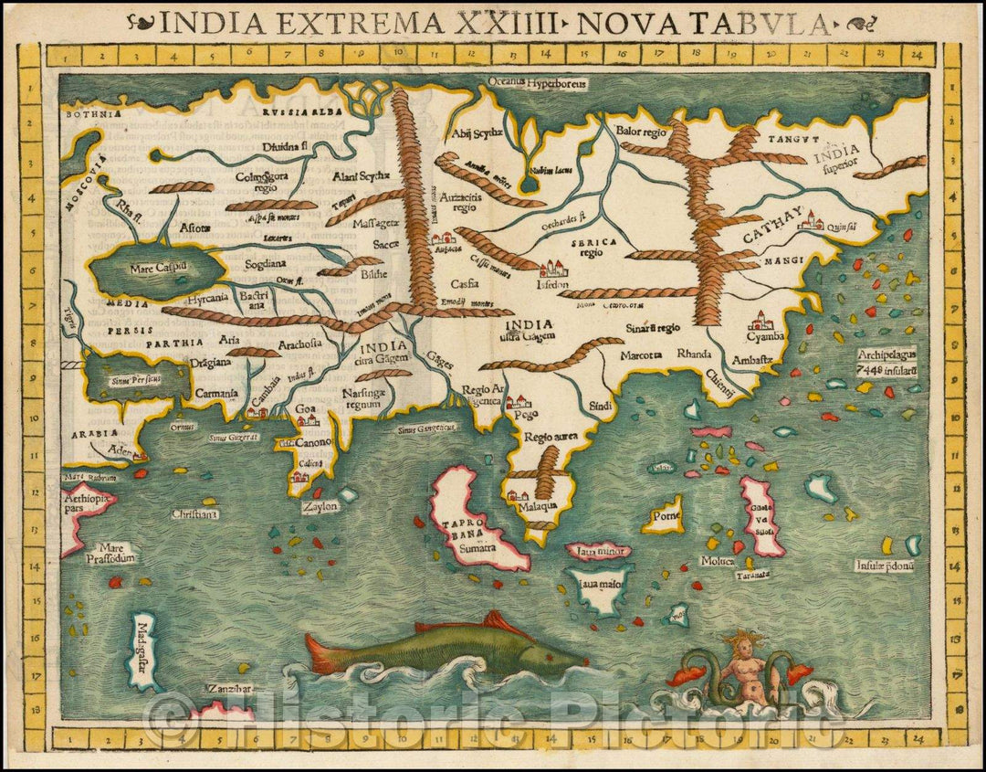 Historic Map - India Extrema XXIIII Nova Tabula 1st Printed Map of Asia, 1552, Sebastian M?nster - Vintage Wall Art