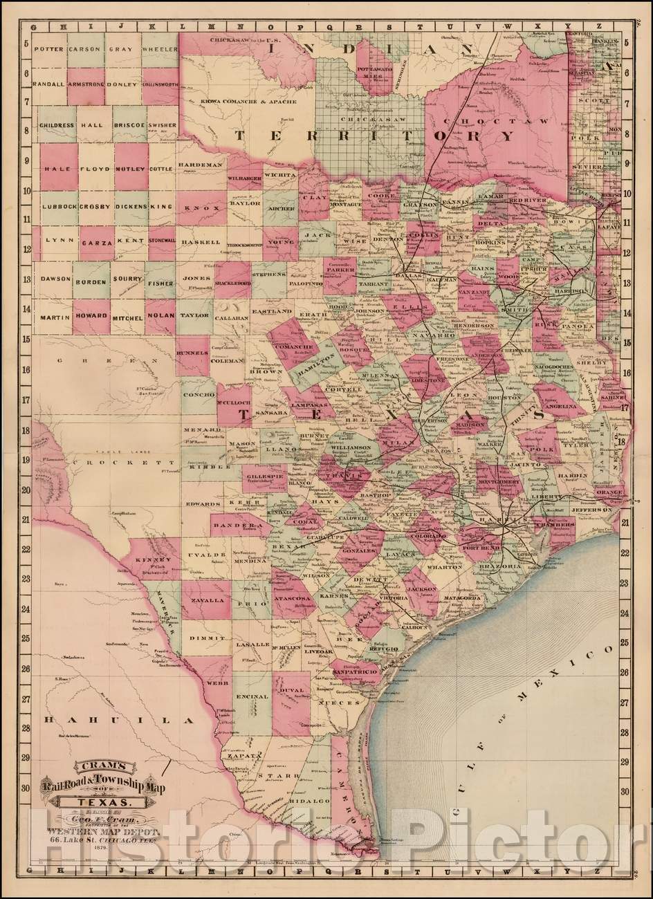 Historic Map - Cram's Rail Road & Township Map of Texas, 1879, George F. Cram - Vintage Wall Art