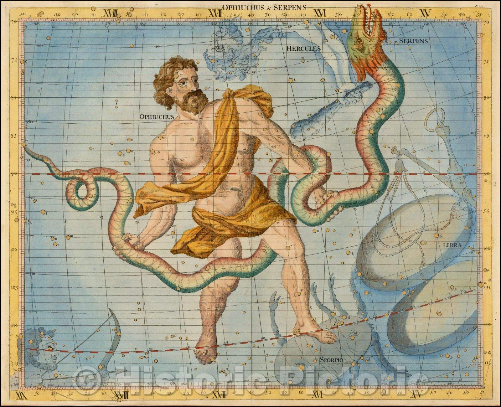 Historic Map - Ophiuchus & Serpens/Chart showing the constellations of Ophiuchus and Serpens from Flamsteed's celestial atlas, 1728, John Flamsteed - Vintage Wall Art