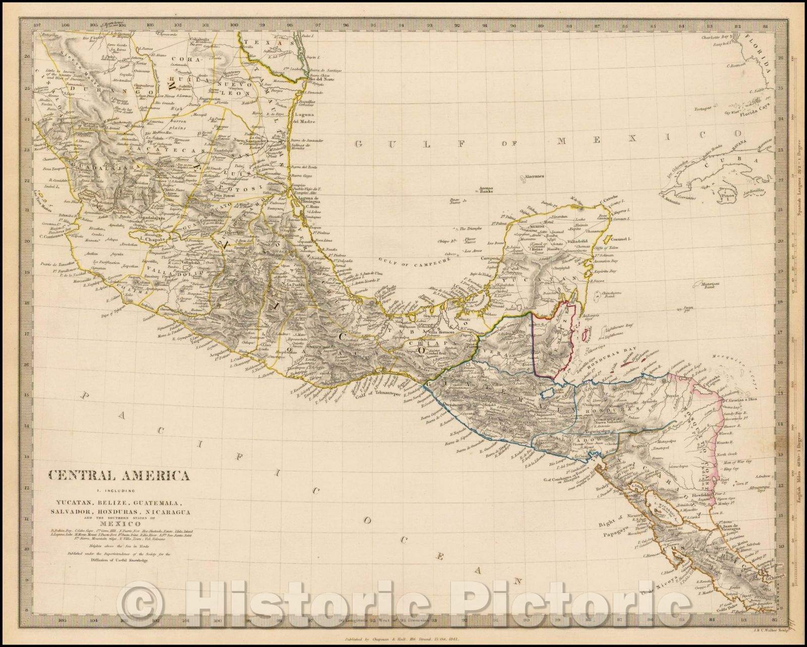 Historic Map - Central America I. Including Yucatan, Belize, Guatemala, Salvador, Honduras, Nicaragua and the Southern Part of Mexico, 1842, SDUK - Vintage Wall Art