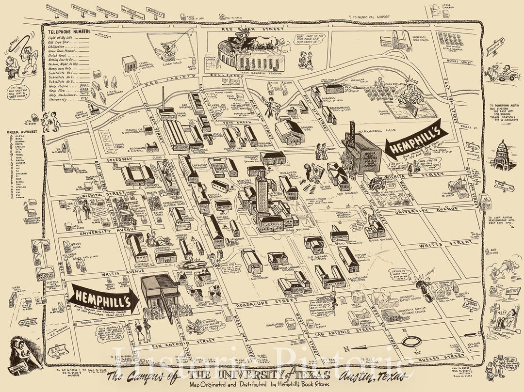 Historic Map - The Campus of The University of Texas. Austin, Texas. Map Originated and Distributed, 1945, Hemphill's Bookstore v1