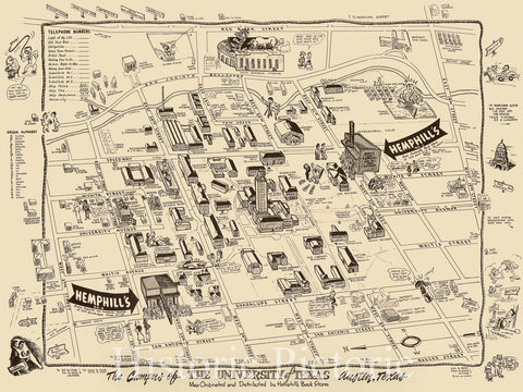 Historic Map - The Campus of The University of Texas. Austin, Texas. Map Originated and Distributed, 1945, Hemphill's Bookstore v1