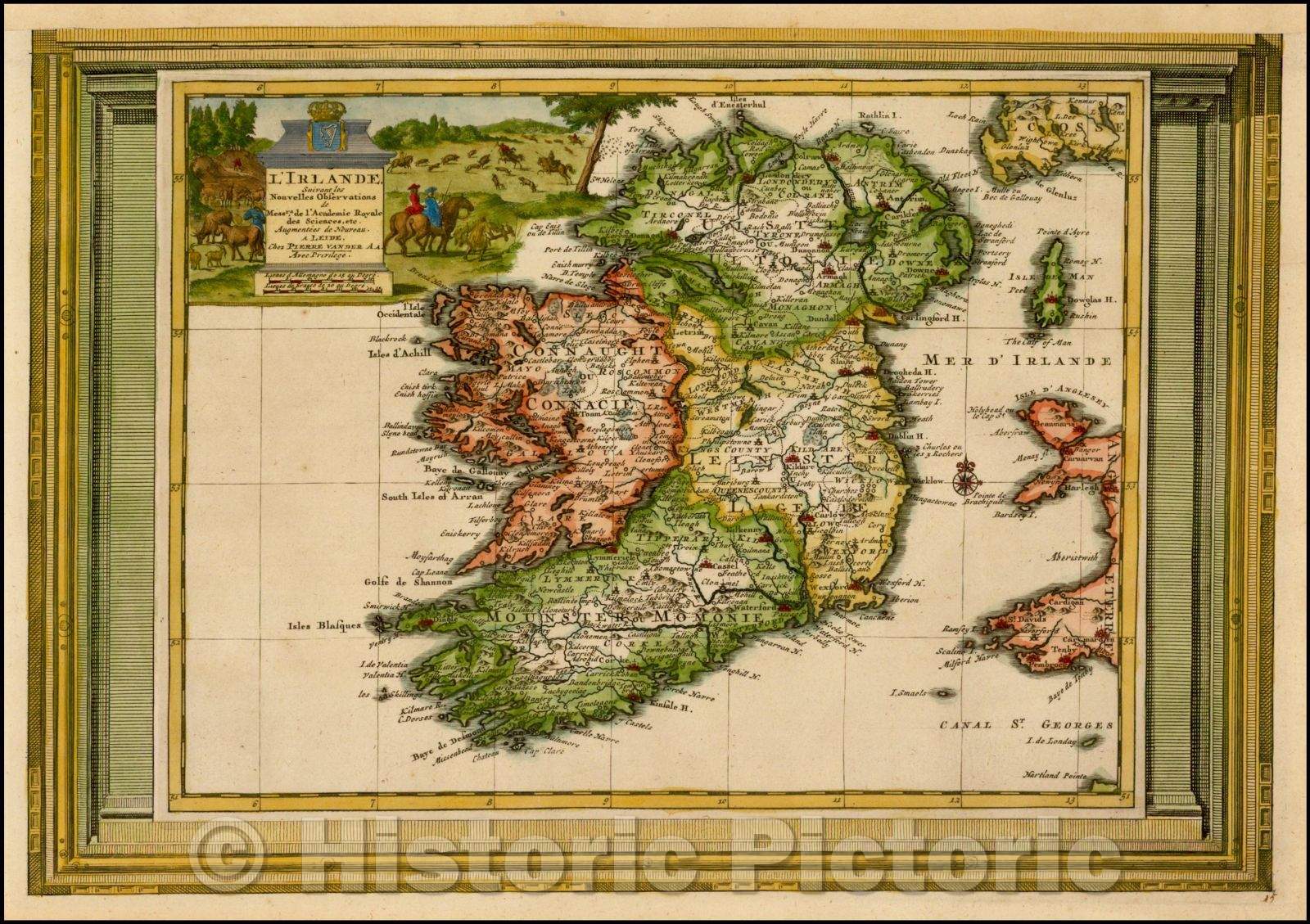 Historic Map - L'Irlande Suivant les Nouvelles Observatio/Vander Aa's map of Ireland,Theatre Du Monde, 1700, Pieter van der Aa - Vintage Wall Art