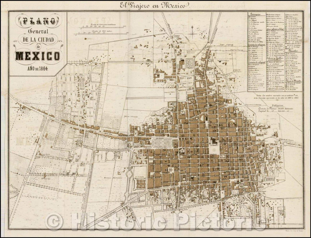 Historic Map - Plano General De La Ciudad de Mexico A? de 1864./General Plano Mexico City Year 1864, 1864, Decaen & Debray - Vintage Wall Art