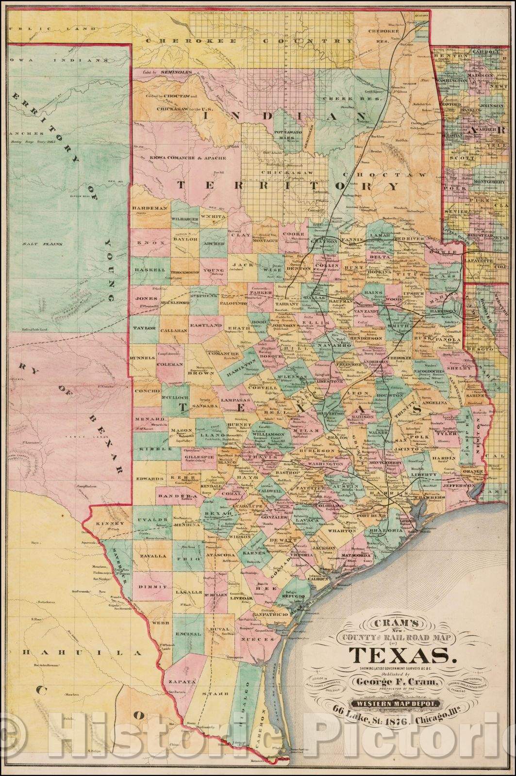 Historic Map - Cram's New Rail Road & County Map of Texas. Showing Latest Government Sureys &c &c, 1876, George F. Cram - Vintage Wall Art