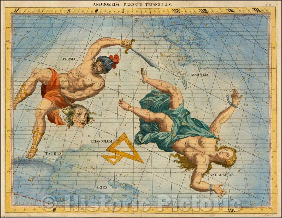 Historic Map - Andromeda, Perseus, Triangulum/Chart showing the constellations of Andromeda, Perseus, Triangulum, 1728, John Flamsteed - Vintage Wall Art