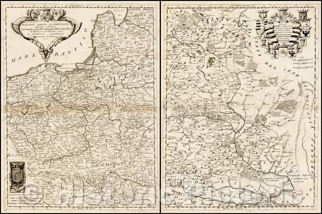 Historic Map - Polonia Parte Occidentale [and] Polonia Parte Orientale/The Western Poland [and] Poland Eastern Part, 1690, Vincenzo Maria Coronelli - Vintage Wall Art