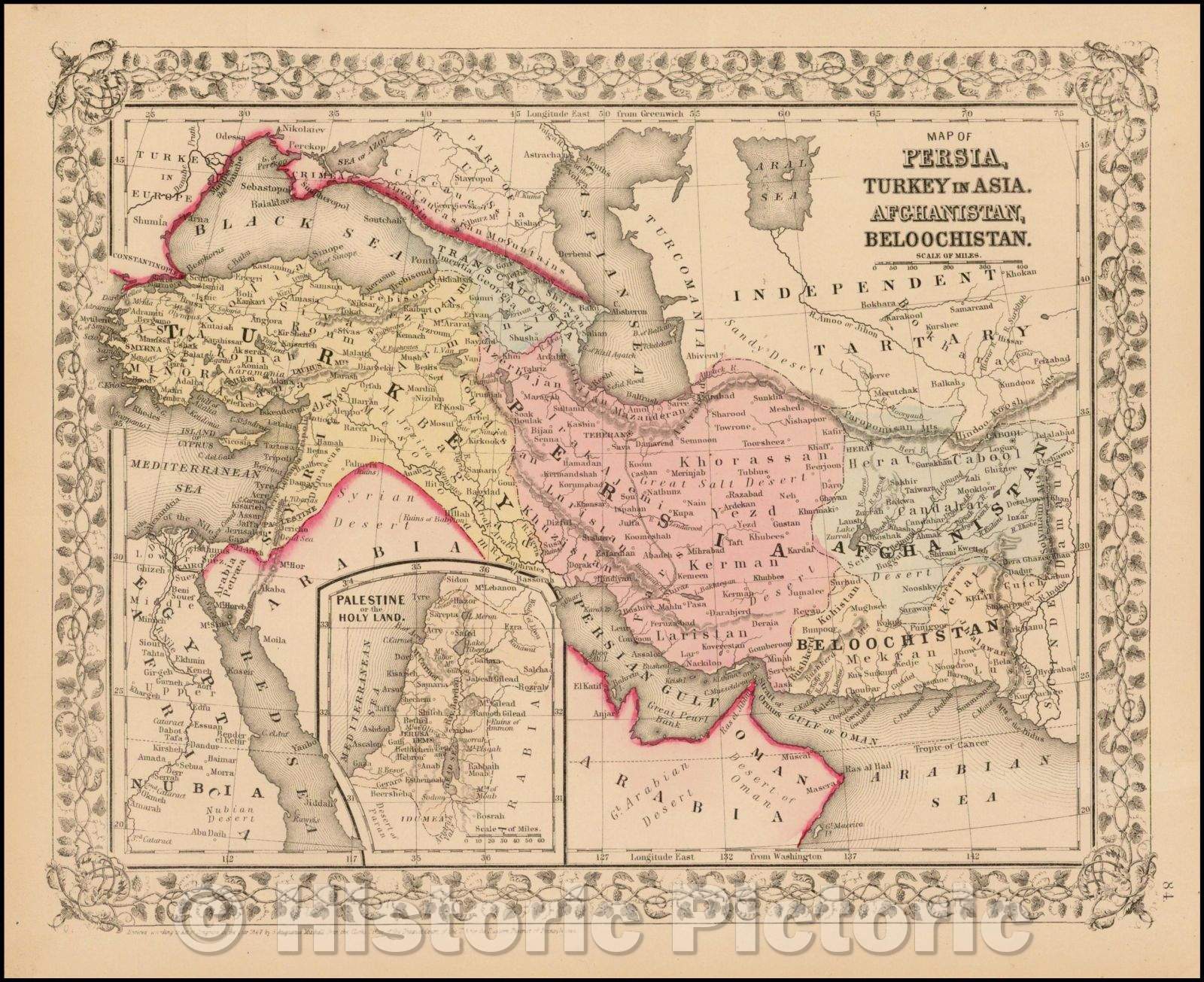 Historic Map - Map of Persia, Turkey in Asia, Afghanistan, Beloochistan, 1867, Samuel Augustus Mitchell Jr. - Vintage Wall Art