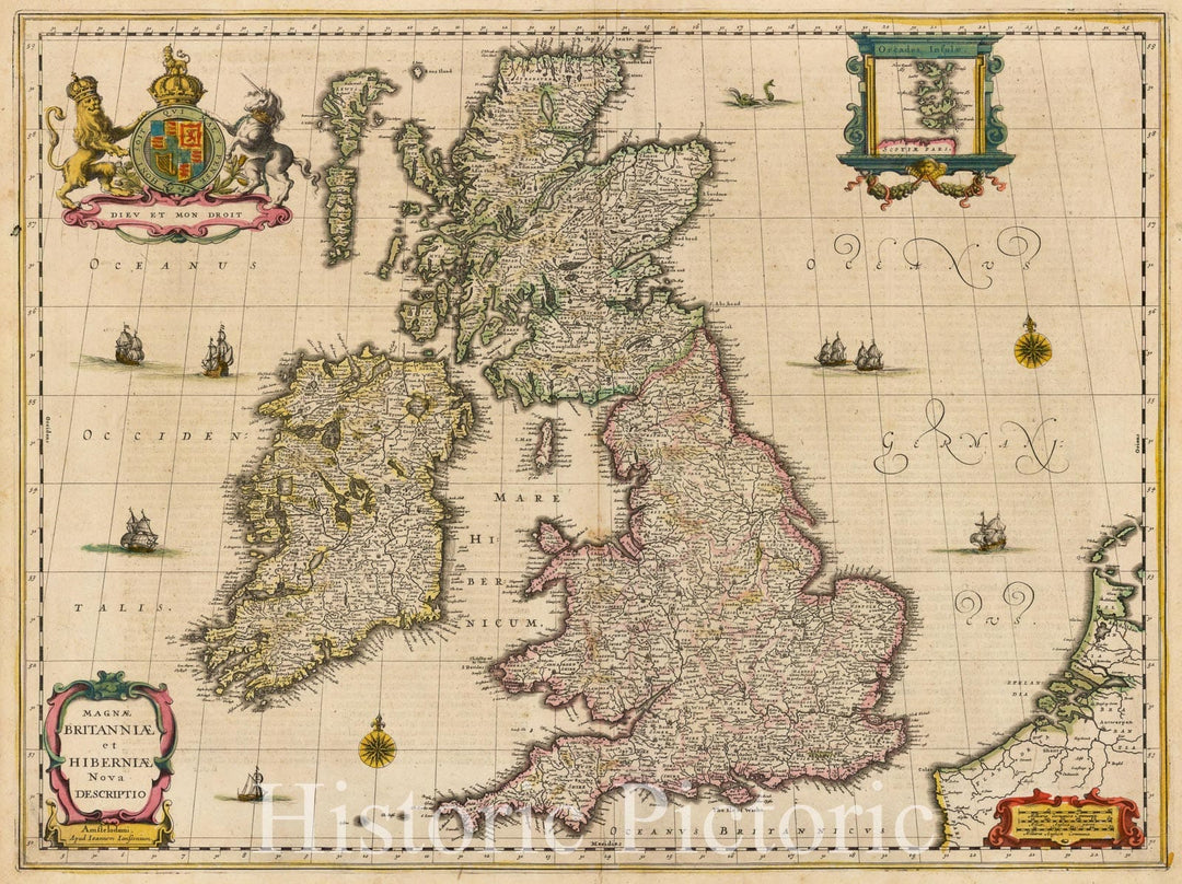 Historic Map - Magnae Britanniae et Hiberniae Nova Descriptio/Great Britain and Ireland Map, 1638, Jan Jansson - Vintage Wall Art