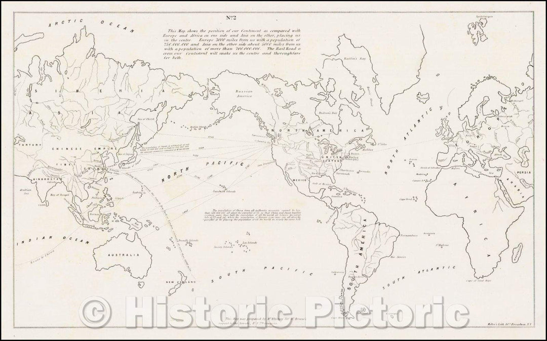 Historic Map - Map of the World Prepared to illustrate Whitney's Proposal for A Transcontinental Railroad, 1848, Asa Whitney - Vintage Wall Art