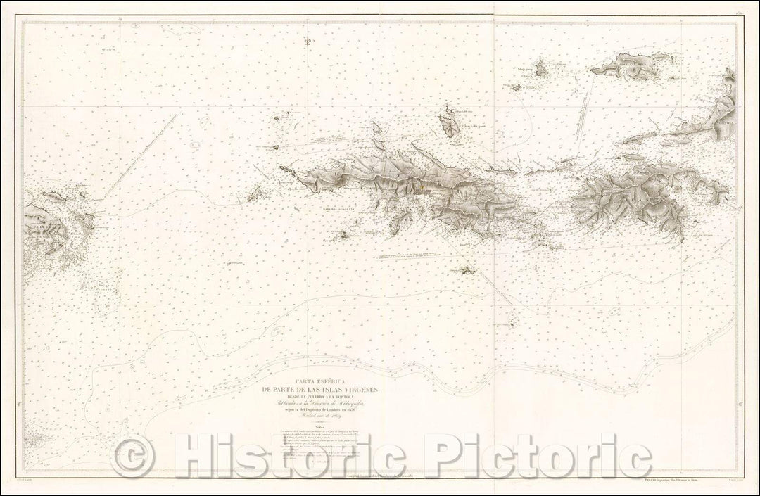 Historic Map - Carta Esferica De Parte De Las Islas Virgenes Desde La Culebra a La Tortola/Spanish Sea Chart of the Virgin Islands, 1859 - Vintage Wall Art