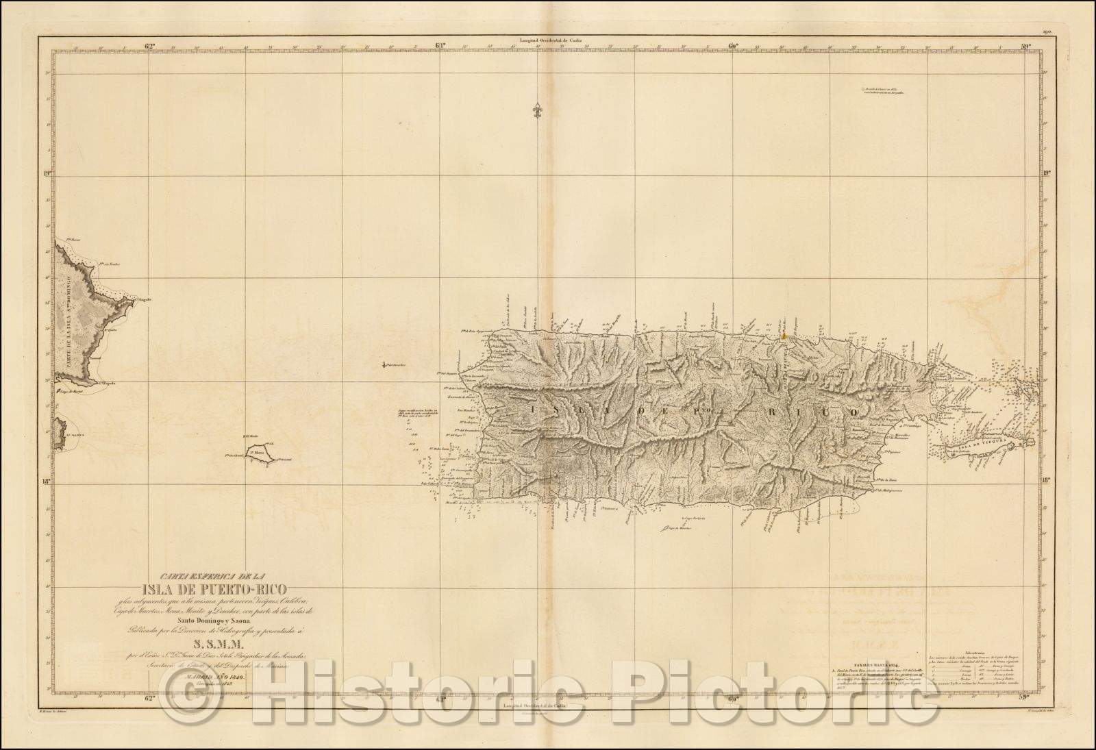 Historic Map - Carta Esferica De La Isla De Puerto-Rico y las adyacentes, Vicques, Culebra, Cajades Muertos, Mona, Monito y Desecho, 1840 - Vintage Wall Art