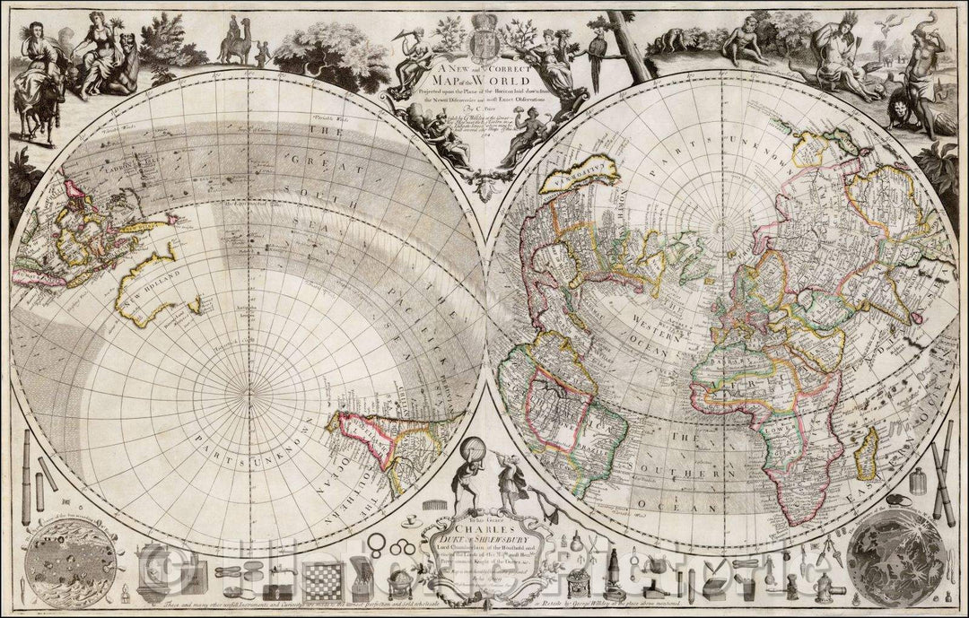 Historic Map - A New and Correct Map of the World Projected upon the Plane of the Horizon laid down from the Newest Discoveries and most Exact Observations, 1714 - Vintage Wall Art