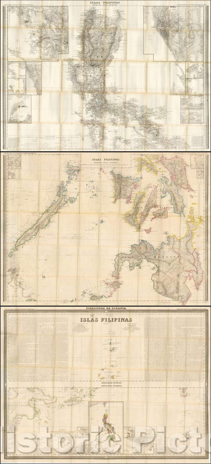 Historic Map - 3 Part Map of the Philippines: Islas Filipinas Primera Hoja Central and Islas Filipinas Segunda Hoja Central and Islas Filipinas Posesiones, 1849 - Vintage Wall Art