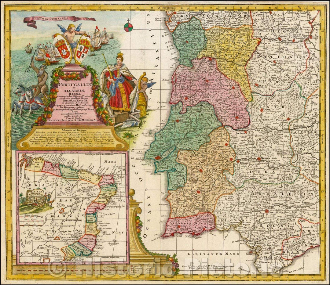 Historic Map - Portugalliae et Algarbiae Regna/Portugal Namurci Kinc.doms. (Large inset of Brazil), 1730, Matthaus Seutter - Vintage Wall Art