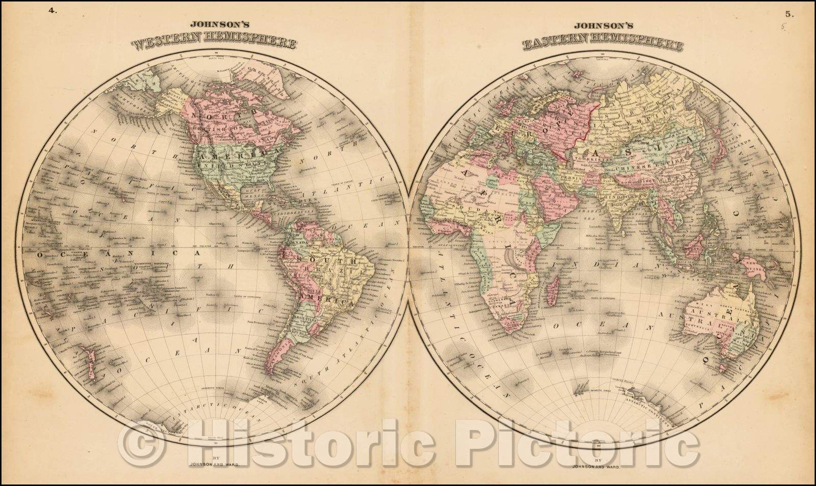 Historic Map - Johnson's Western Hemisphere & Johnson's Eastern Hemisphere, 1863, Benjamin Ward v3