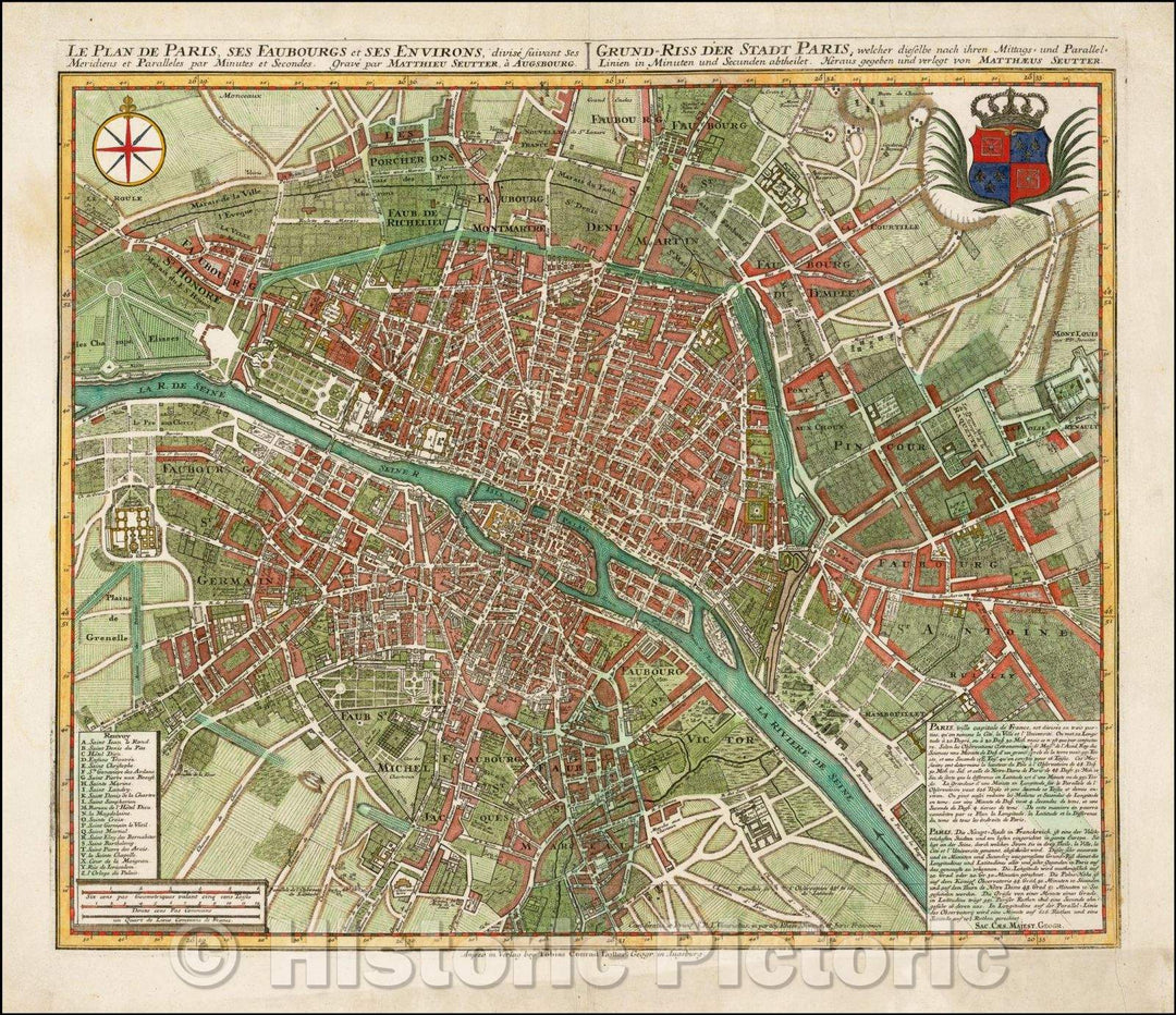 Historic Map - Le Plan De Paris, Ses Faubourgs, et ses Environs, divise suivant ses Meridians et Paralleles/Mid-18th Century Plan of Paris, 1730 - Vintage Wall Art