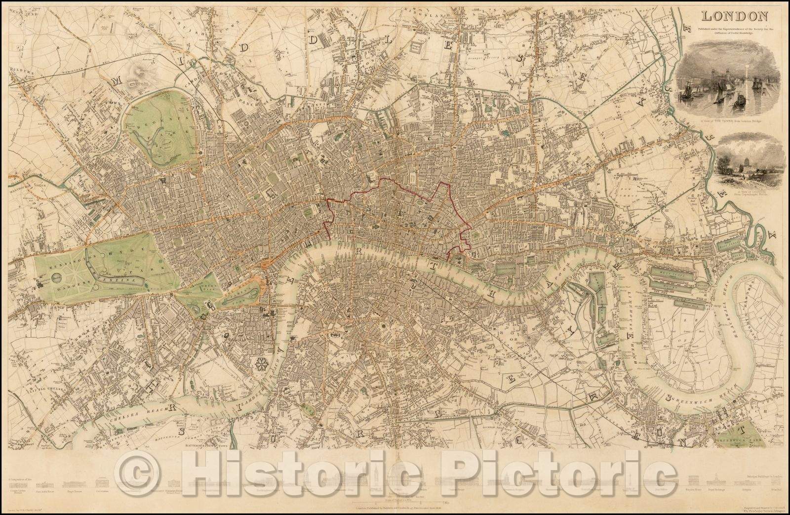 Historic Map - London (Rare First Edition), 1836, SDUK - Vintage Wall Art