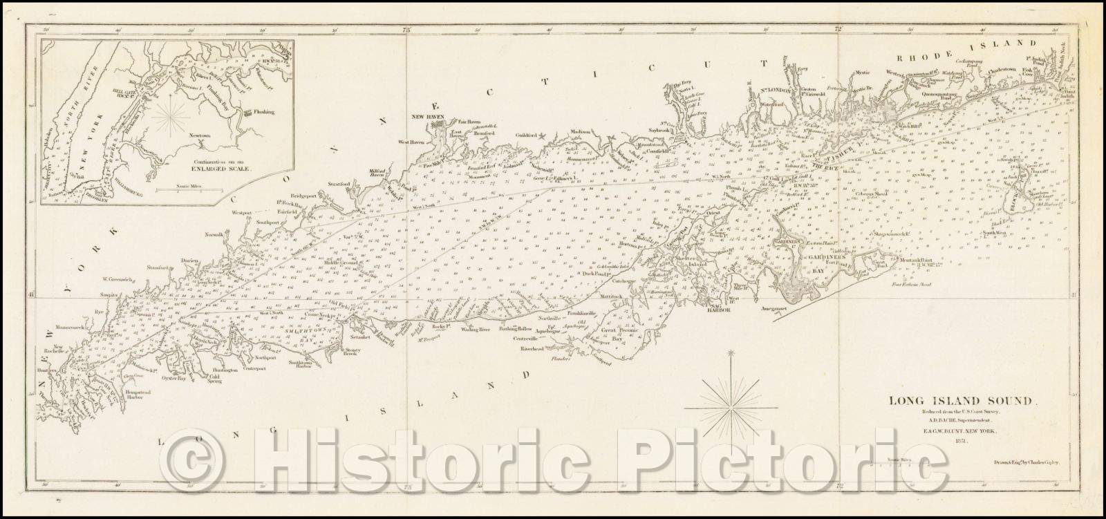 Historic Map - Long Island Sound. Reduced from the U.S. Coast Survey. A.D. Bache, Superintendent, 1851, Charles Copley - Vintage Wall Art