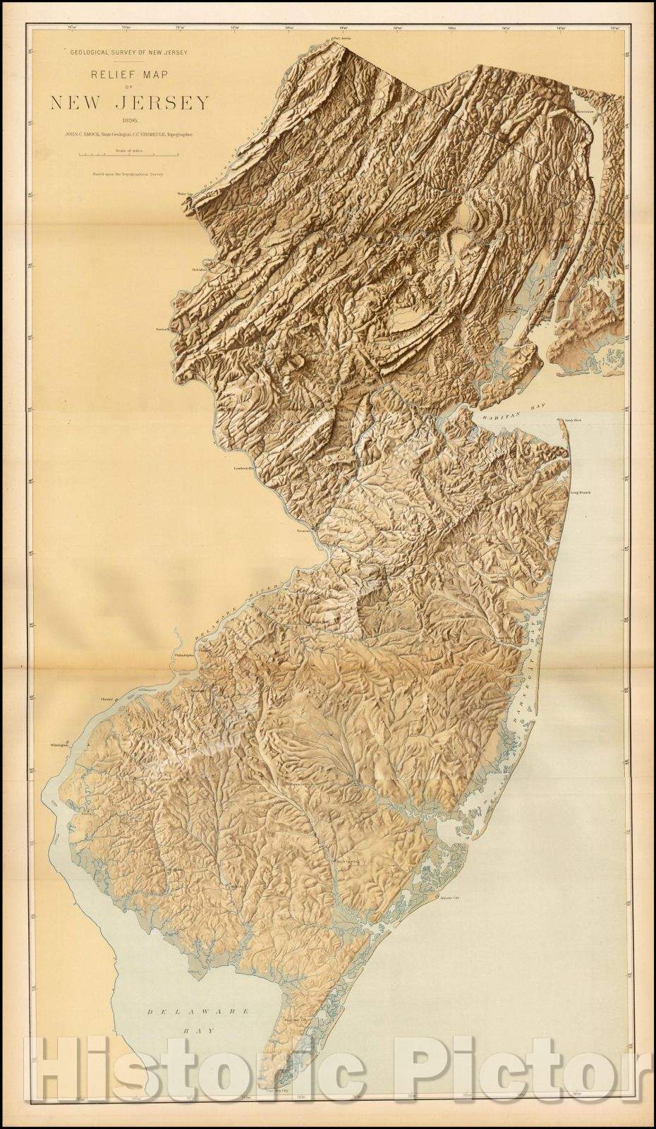 Historic Map - Relief Map of New Jersey, 1896, Geological Survey of New Jersey - Vintage Wall Art