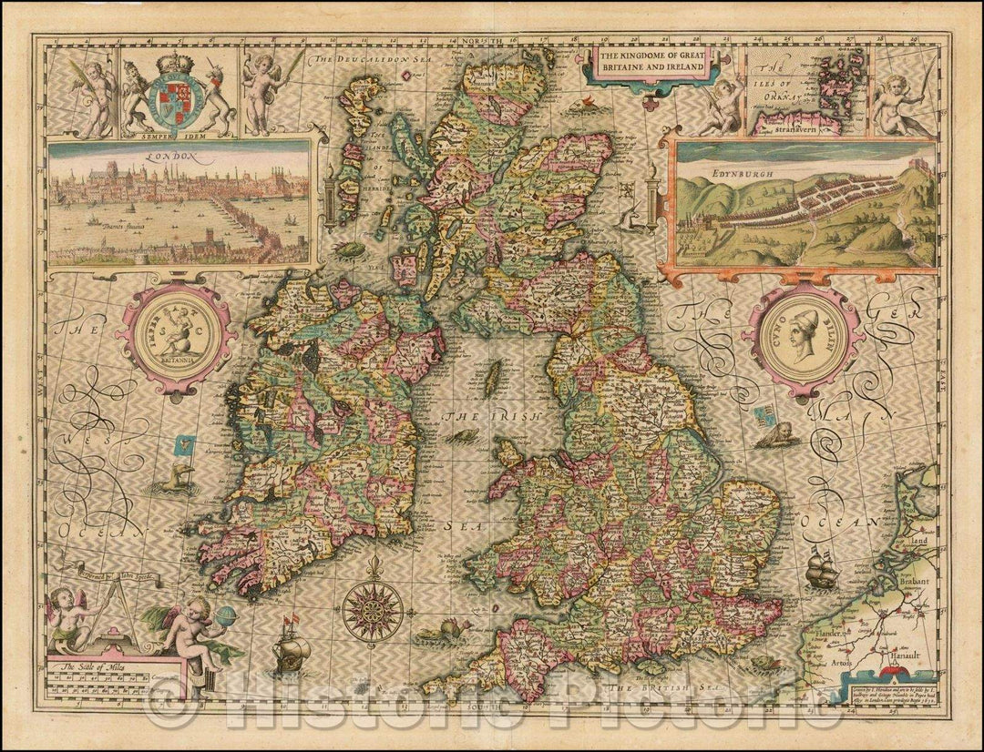 Historic Map - The Kingdome of Great Britaine and Ireland (Latin edition in Old Color!), 1616, John Speed - Vintage Wall Art