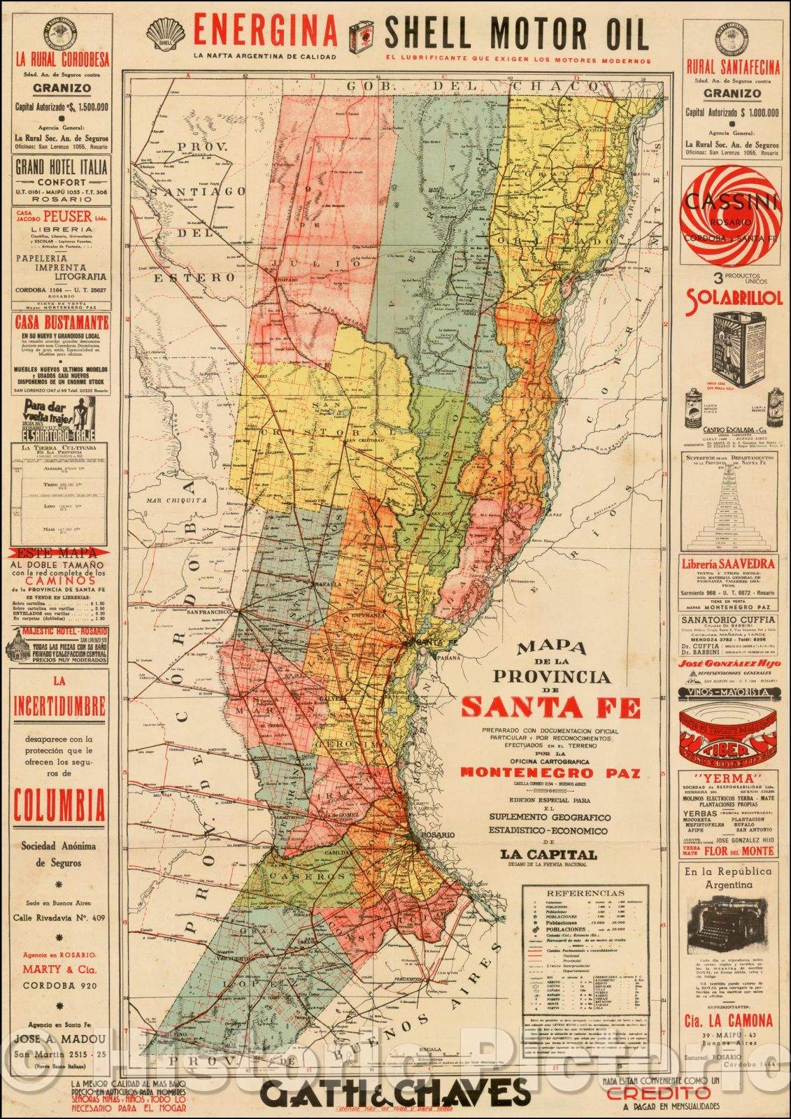 Historic Map - Mapa de la Provincia de Santa Fe Preparado con Documentation Of/Map of the Province of Santa Fe, Argentina, capital city of Rosario, 1940 - Vintage Wall Art