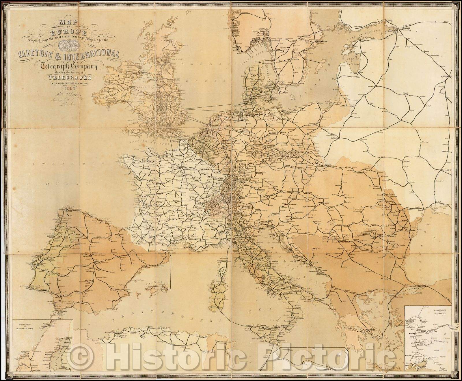 Historic Map - Map of Europe, 1862, Electric and International Telegraph Company - Vintage Wall Art