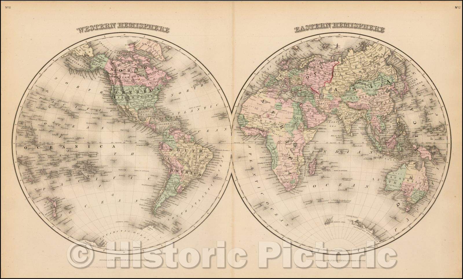 Historic Map - Western Hemisphere with Eastern Hemisphere, 1870, G.W. & C.B. Colton - Vintage Wall Art