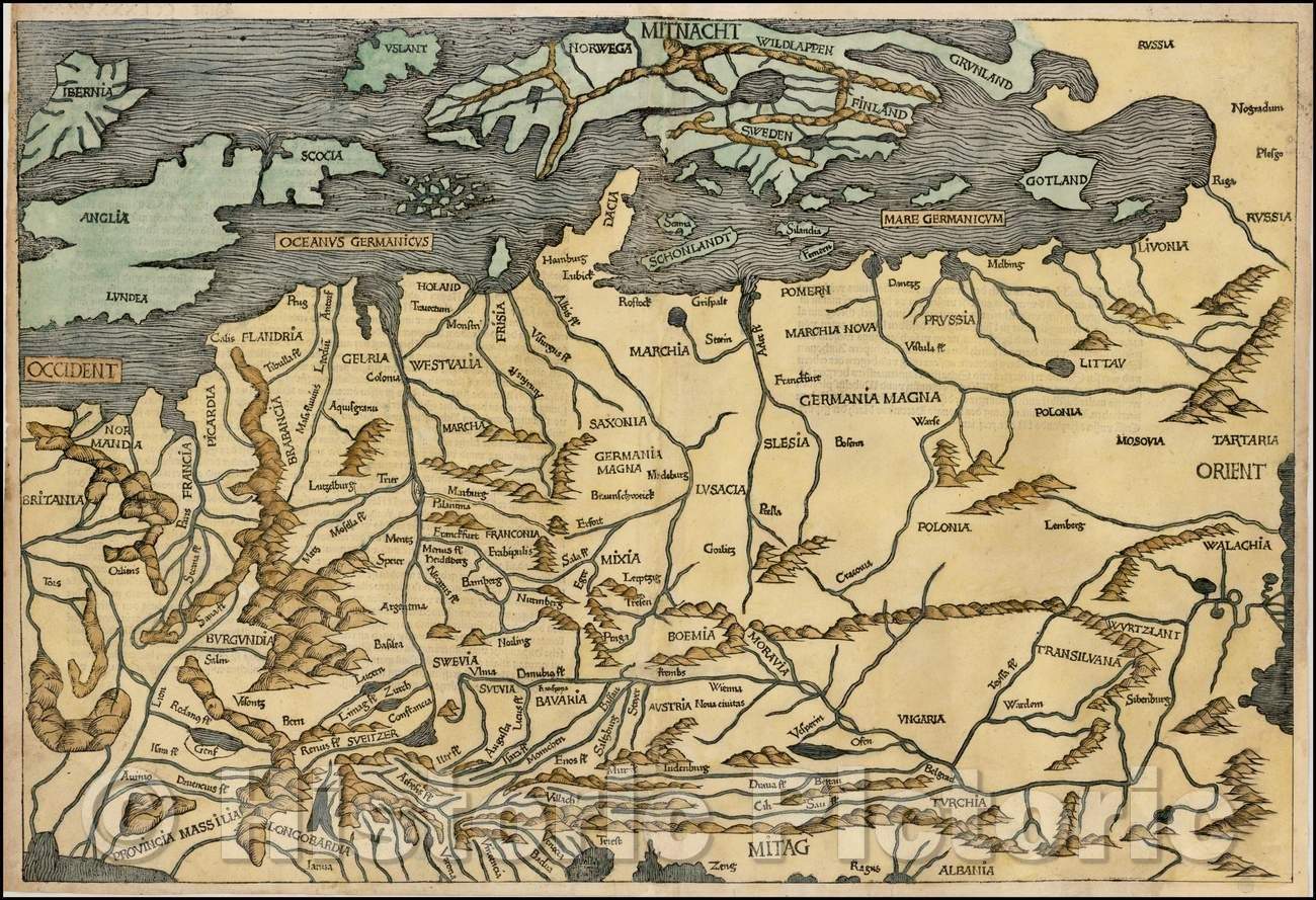 Historic Map - Central & Northern Europe, 1493, Hartmann Schedel - Vintage Wall Art