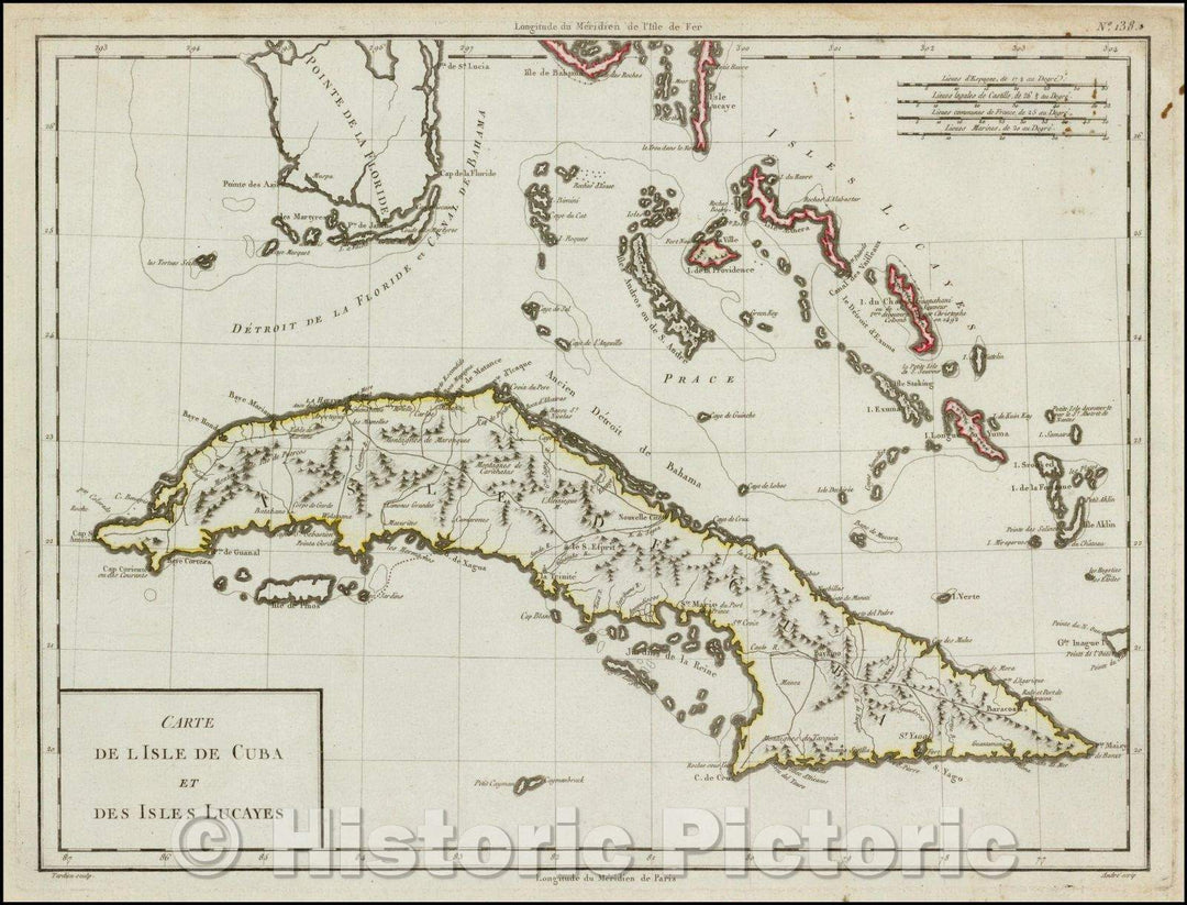 Historic Map - Carte De L'Isle De Cuba et Des Isles Lucayes, 1784, Pierre Fran?is Tardieu - Vintage Wall Art