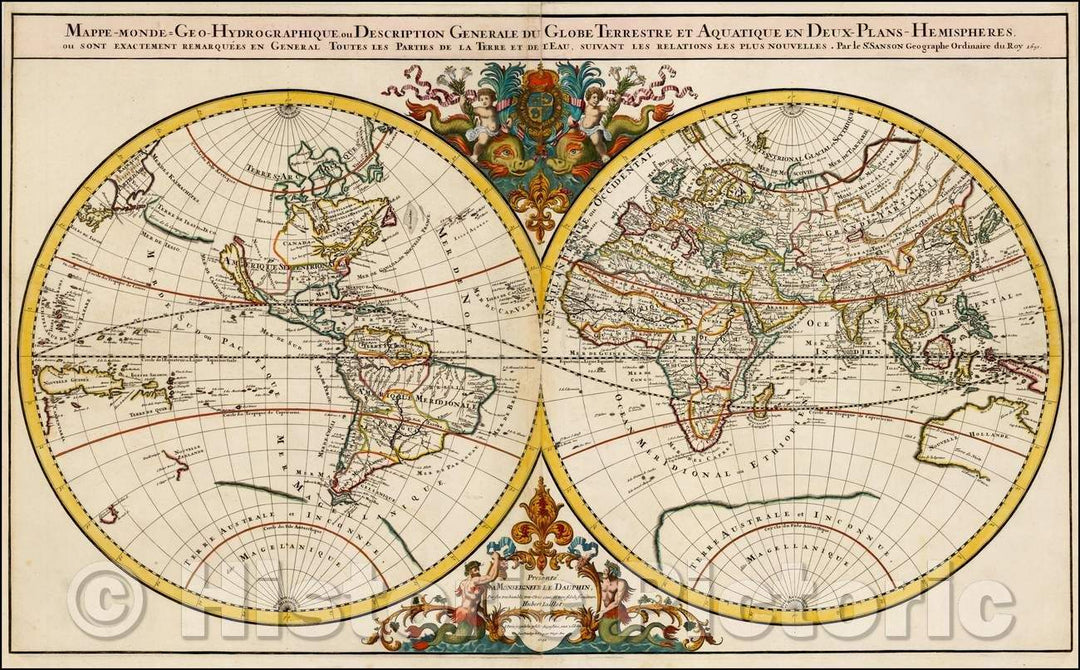 Historic Map - Mappe-Monde Geo-Hydrographique, Plans-Hemispheres/Geo-Hydrographic World Map, Aquatic Globe in Two Hemispheres, 1691 v4